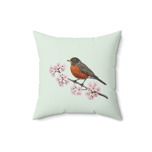 Wanderdrossel Kissen mit Kirschblüten in Salbeigrün | Dekokissen 40x40 mit Vogelmotiv
