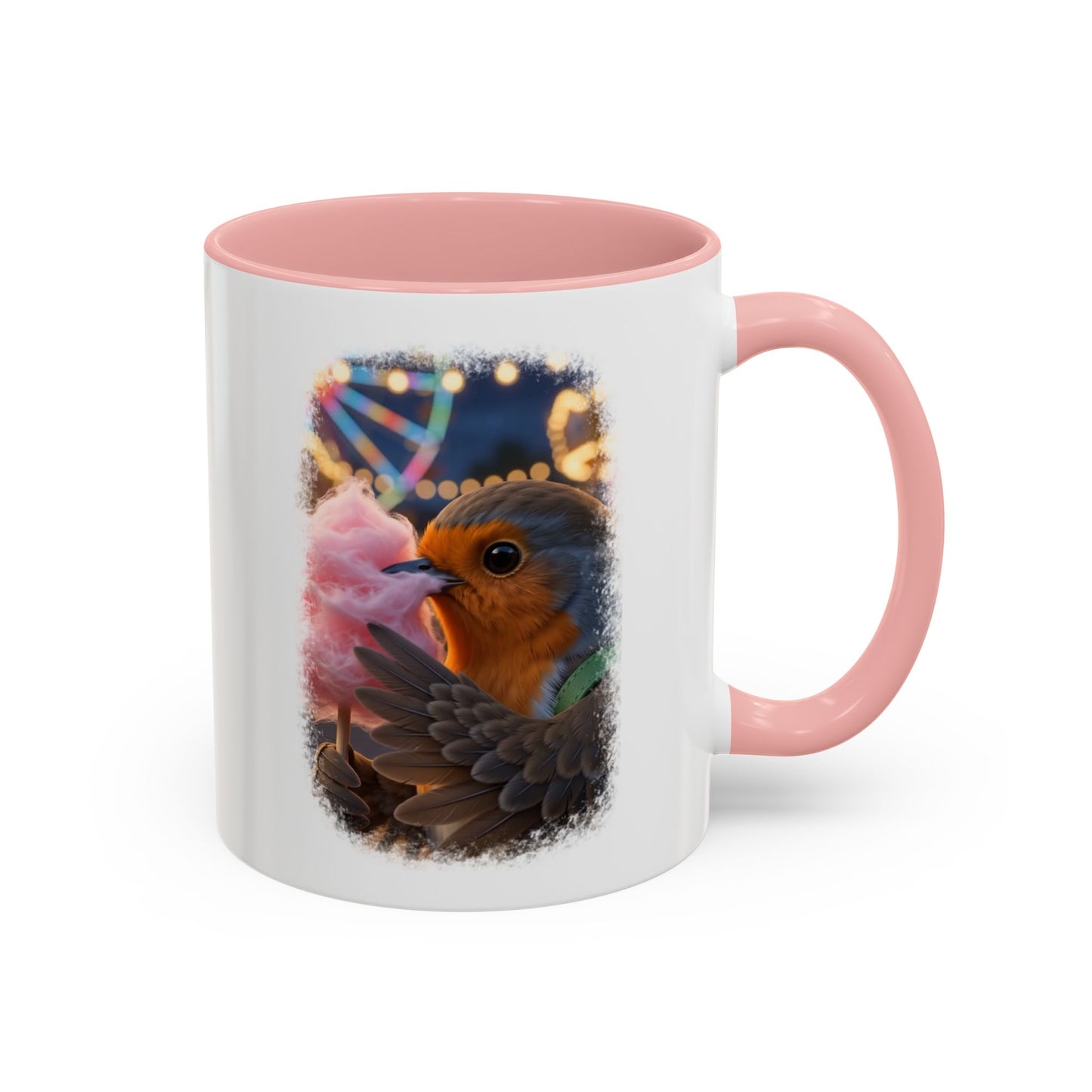 Weiße Keramiktasse mit rosa Henkel und Innenseite. Das aufgedruckte Motiv zeigt eine digitale Illustration von einem niedlichen Rotkehlchen namens Rosi, das glücklich in eine riesige rosa Zuckerwatte beißt.