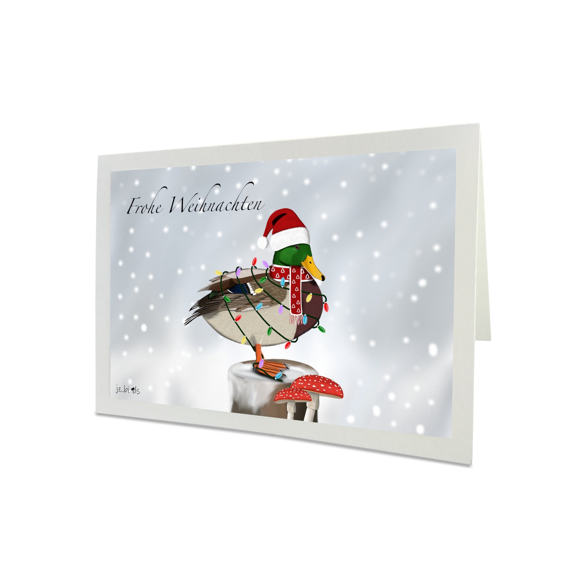 Weihnachtskarte Ente als Weihnachtsmann mit Lichterkette Vogel Zeichnung Inklusive Umschlag