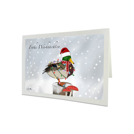 Weihnachtskarte Ente als Weihnachtsmann mit Lichterkette Vogel Zeichnung Inklusive Umschlag