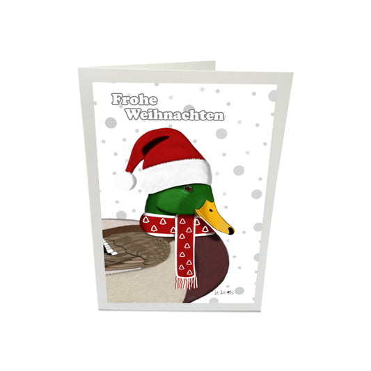Weihnachtskarte Ente als Weihnachtsmann mit Mütze und Schal Vogel Zeichnung Inklusive Umschlag