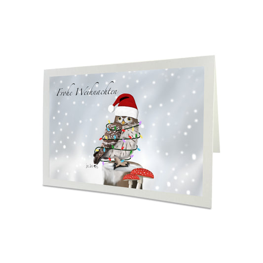 Weihnachtskarte Eule als Weihnachtsmann mit Lichterkette Vogel Zeichnung Inklusive Umschlag