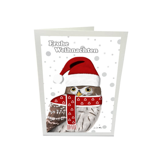 Weihnachtskarte Eule als Weihnachtsmann mit Mütze und Schal Vogel Zeichnung Inklusive Umschlag