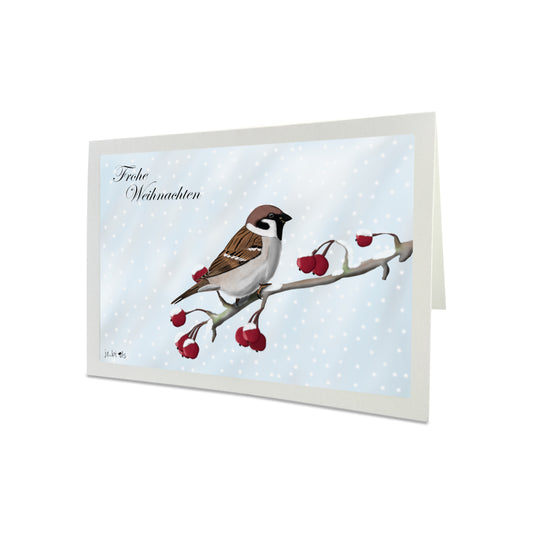 Weihnachtskarte Feldsperling im Schnee Frohe Weihnachten Vogel Zeichnung Inklusive Umschlag