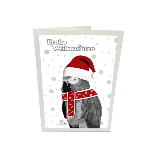 Weihnachtskarte Graupapagei als Weihnachtsmann mit Mütze und Schal Vogel Zeichnung Inklusive Umschlag