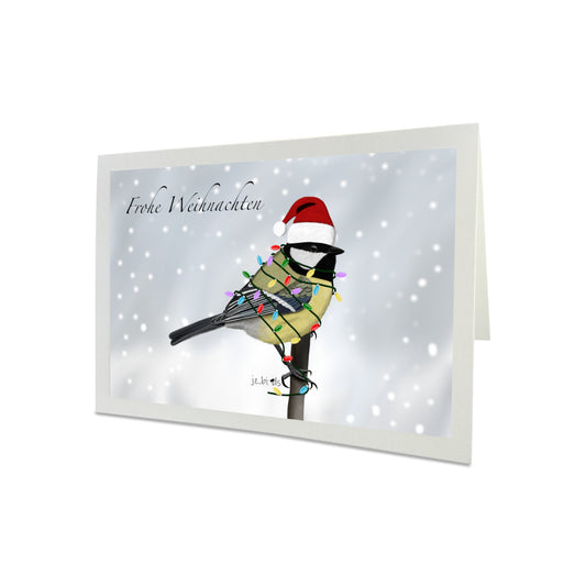 Weihnachtskarte Kohlmeise als Weihnachtsmann mit Lichterkette Vogel Zeichnung Inklusive Umschlag