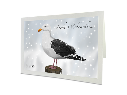 Weihnachtskarte Möwe im Schnee Vogel Zeichnung Frohe Weihnachten mit Umschlag