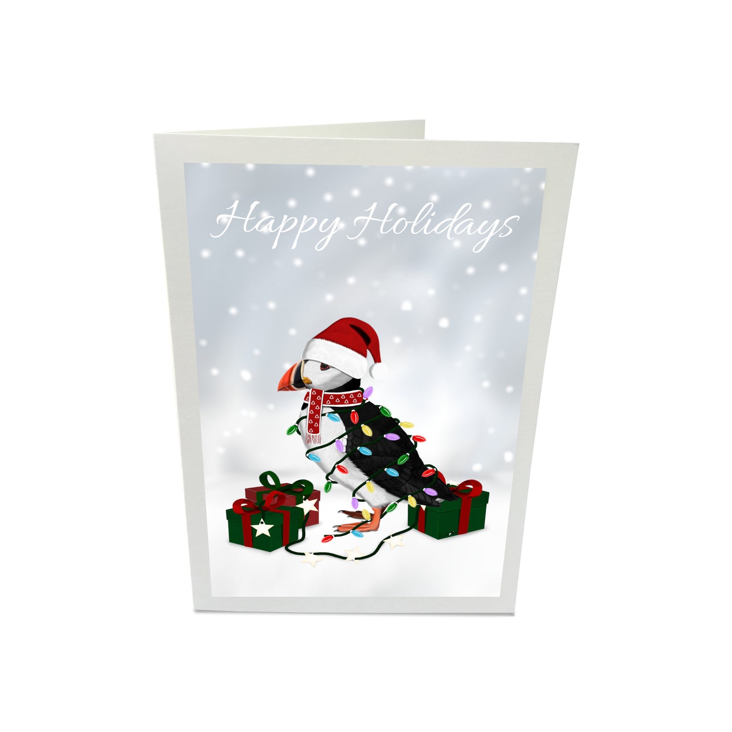 Weihnachtskarte Papageitaucher als Weihnachtsmann mit Lichterkette Happy Holidays Vogel Zeichnung Inklusive Umschlag