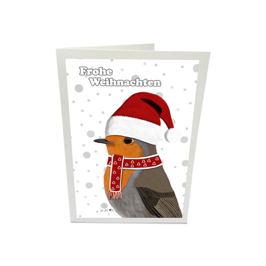 Weihnachtskarte Rotkehlchen als Weihnachtsmann mit Mütze und Schal Vogel Zeichnung Inklusive Umschlag