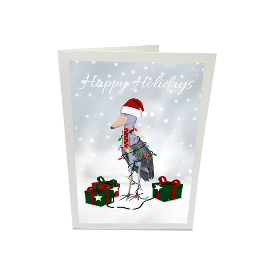 Weihnachtskarte Schuhschnabel als Weihnachtsmann mit Lichterkette Happy Holidays Vogel Zeichnung Inklusive Umschlag
