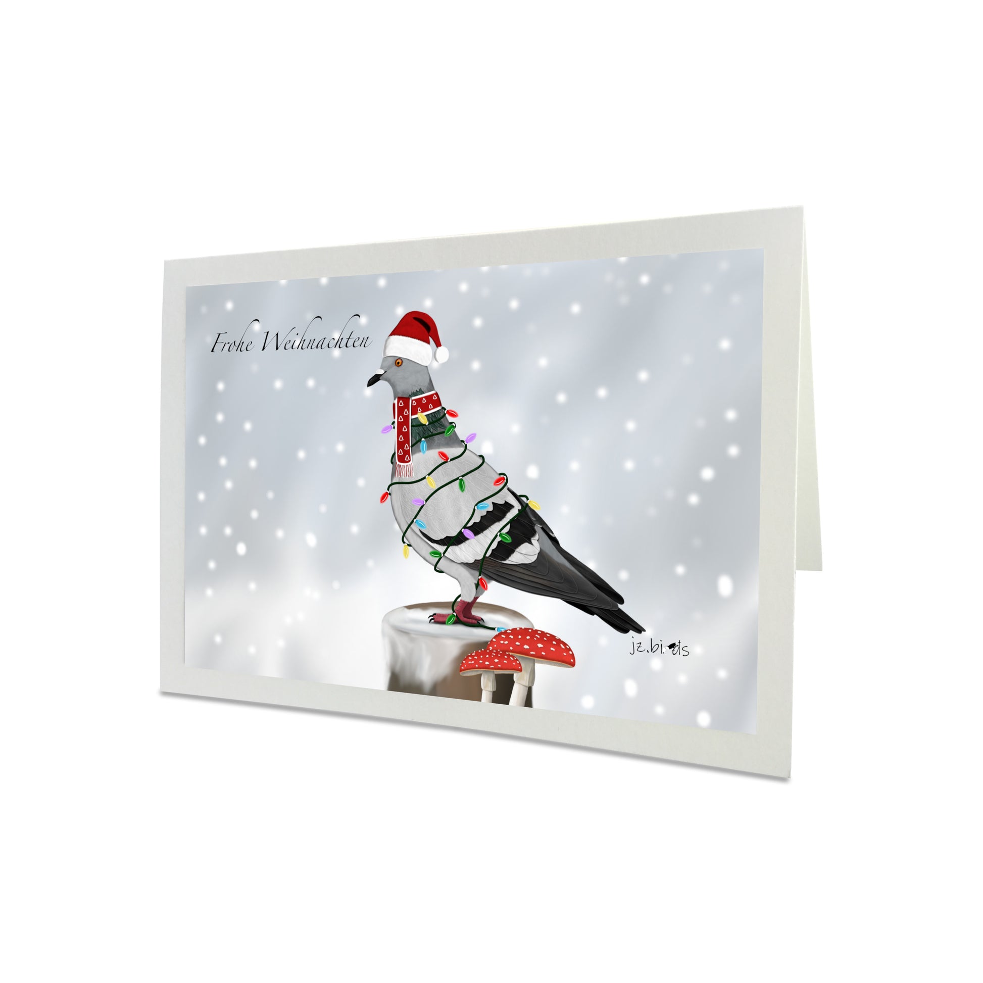 Weihnachtskarte Taube als Weihnachtsmann mit Lichterkette Vogel Zeichnung Inklusive Umschlag