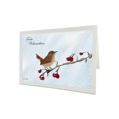 Weihnachtskarte Zaunkönig im Schnee Frohe Weihnachten Vogel Zeichnung Inklusive Umschlag