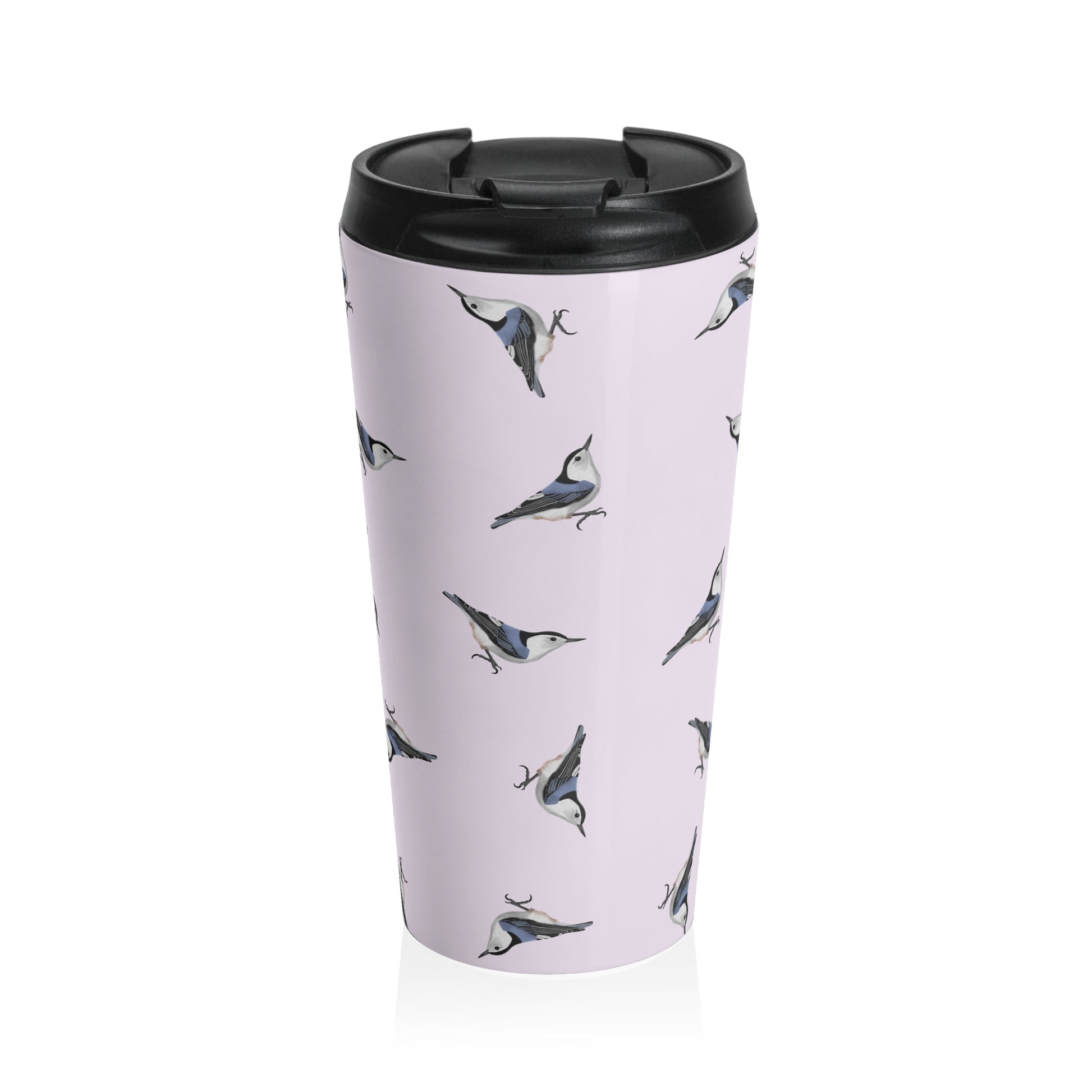 White-breasted Nuthatch All Over Pattern Travel Tumbler Light Pink | 15oz Birdwatching Coffee Mug