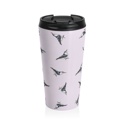 White-breasted Nuthatch All Over Pattern Travel Tumbler Light Pink | 15oz Birdwatching Coffee Mug