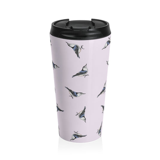 White-breasted Nuthatch All Over Pattern Travel Tumbler Light Pink | 15oz Birdwatching Coffee Mug