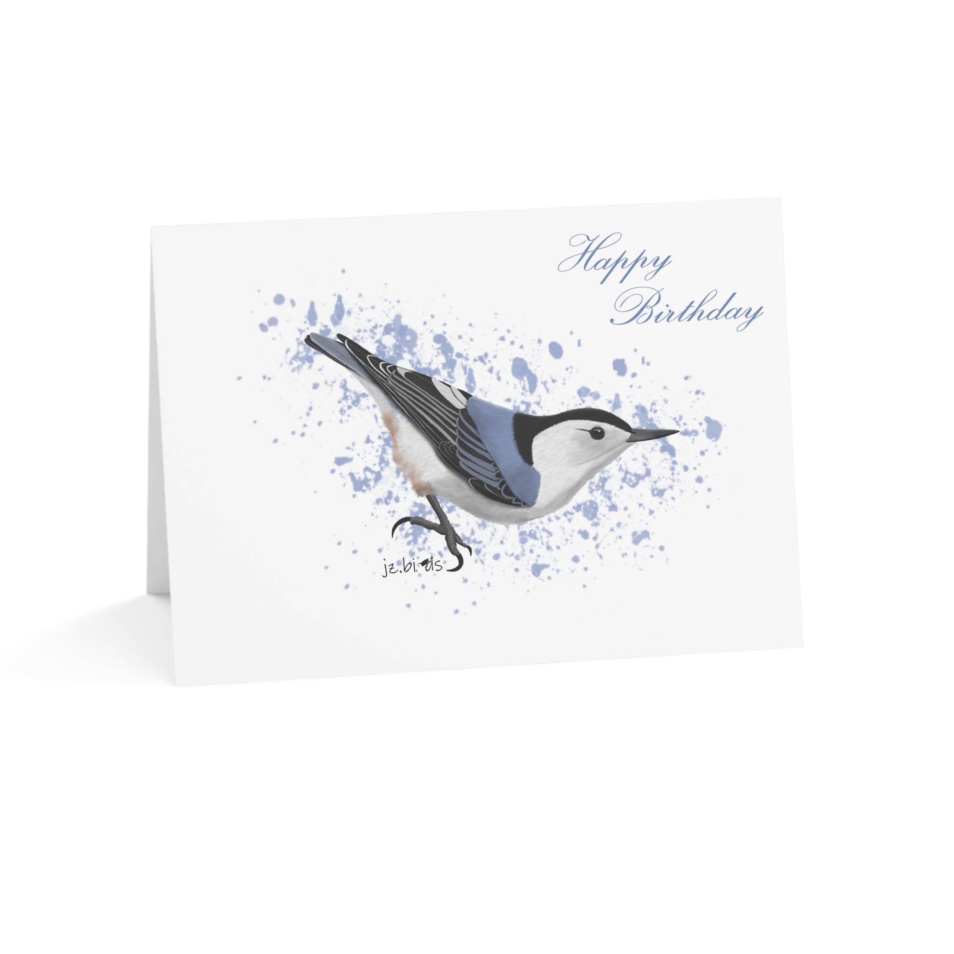 Greeting card with a nuthatch illustration and 'Happy Birthday' text on a white background