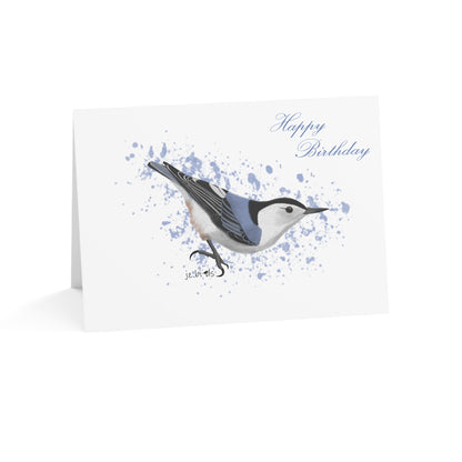 Greeting card with a nuthatch illustration and 'Happy Birthday' text on a white background