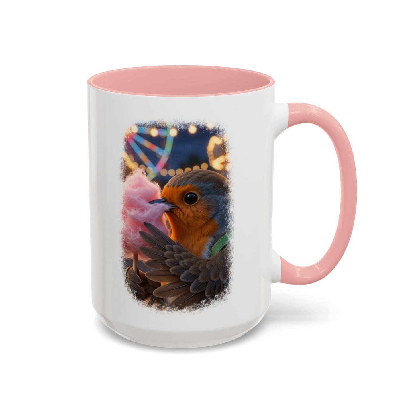 White ceramic coffee mug with a colored handle and interior. The digital illustration shows the cute bird Robin Rosi happily eating a giant pink cotton candy at the carnival. A wonderful gift for a birdwatcher or bird lover.