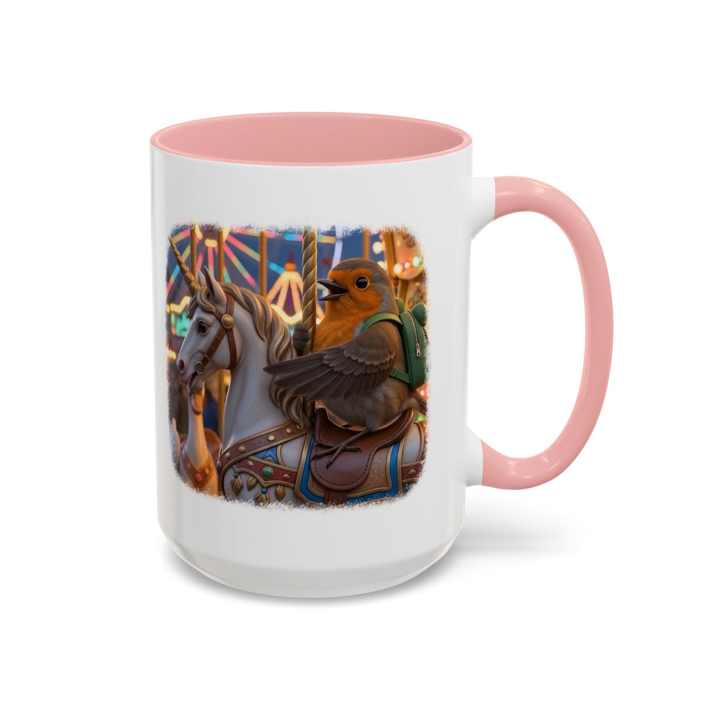 White ceramic coffee mug with a colored handle and interior. The digital illustration shows the cute bird Robin Rosi smiling and riding a magical unicorn on a carnival carousel. A wonderful gift for a birdwatcher or bird lover.