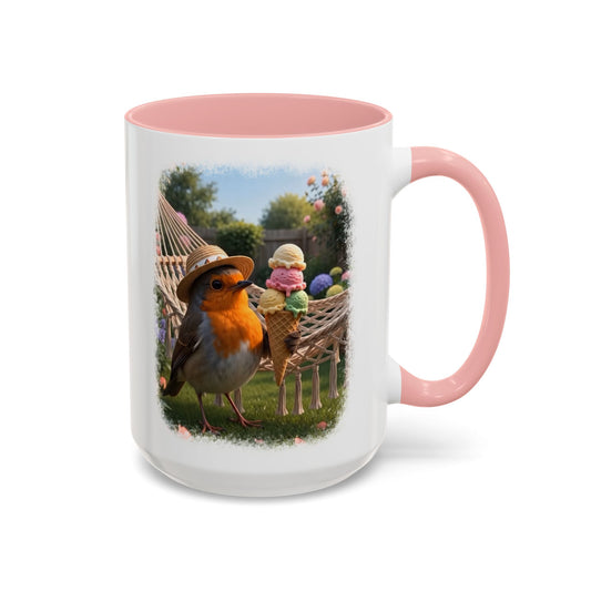 White ceramic coffee mug with a colored handle and interior. The digital illustration shows the cute bird Robin Rosi wearing a sun hat in a summer garden, holding a giant ice cream cone. A perfect gift for a birdwatcher or bird lover.