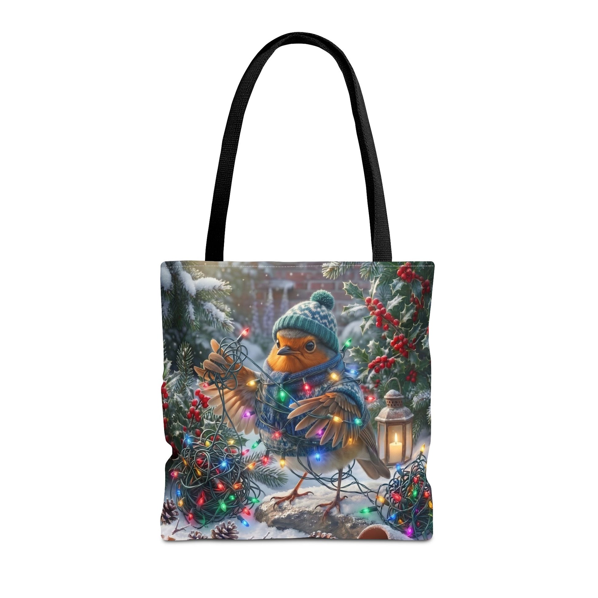 Winterliche Tragetasche mit Vogelmotiv. Das Rotkehlchen Rosi hat sich beim Schmücken im verschneiten Garten lustig in einer leuchtenden Lichterkette verheddert und versucht den Kabelsalat zu entwirren. Ein schönes Geschenk für Vogelfreunde.