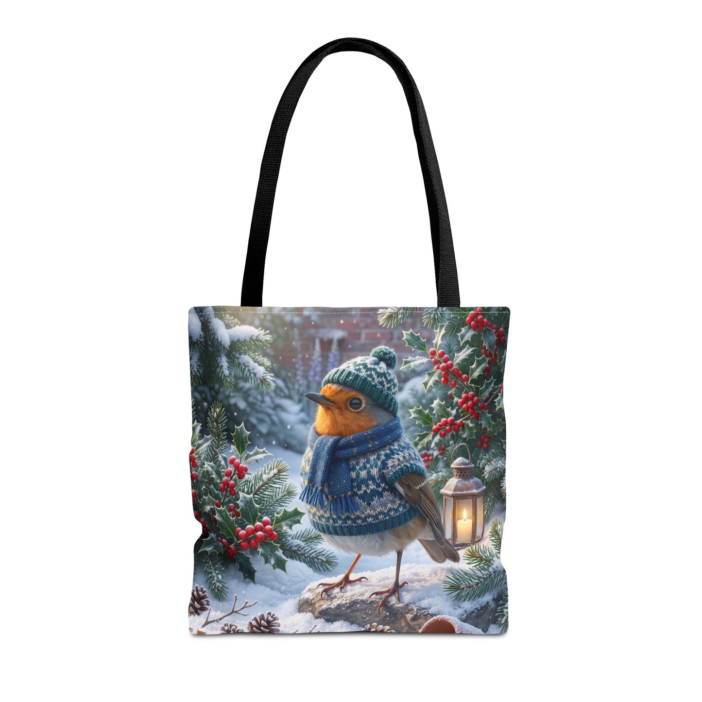 Winterliche Tragetasche mit Vogelmotiv. Das Rotkehlchen Rosi trägt Strickmütze, Strickschal und Strickpullover in einem verschneiten Garten. Ein schönes Geschenk für Vogelfreunde.