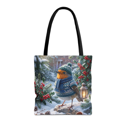 Winterliche Tragetasche mit Vogelmotiv. Das Rotkehlchen Rosi trägt Strickmütze, Strickschal und Strickpullover in einem verschneiten Garten. Ein schönes Geschenk für Vogelfreunde.