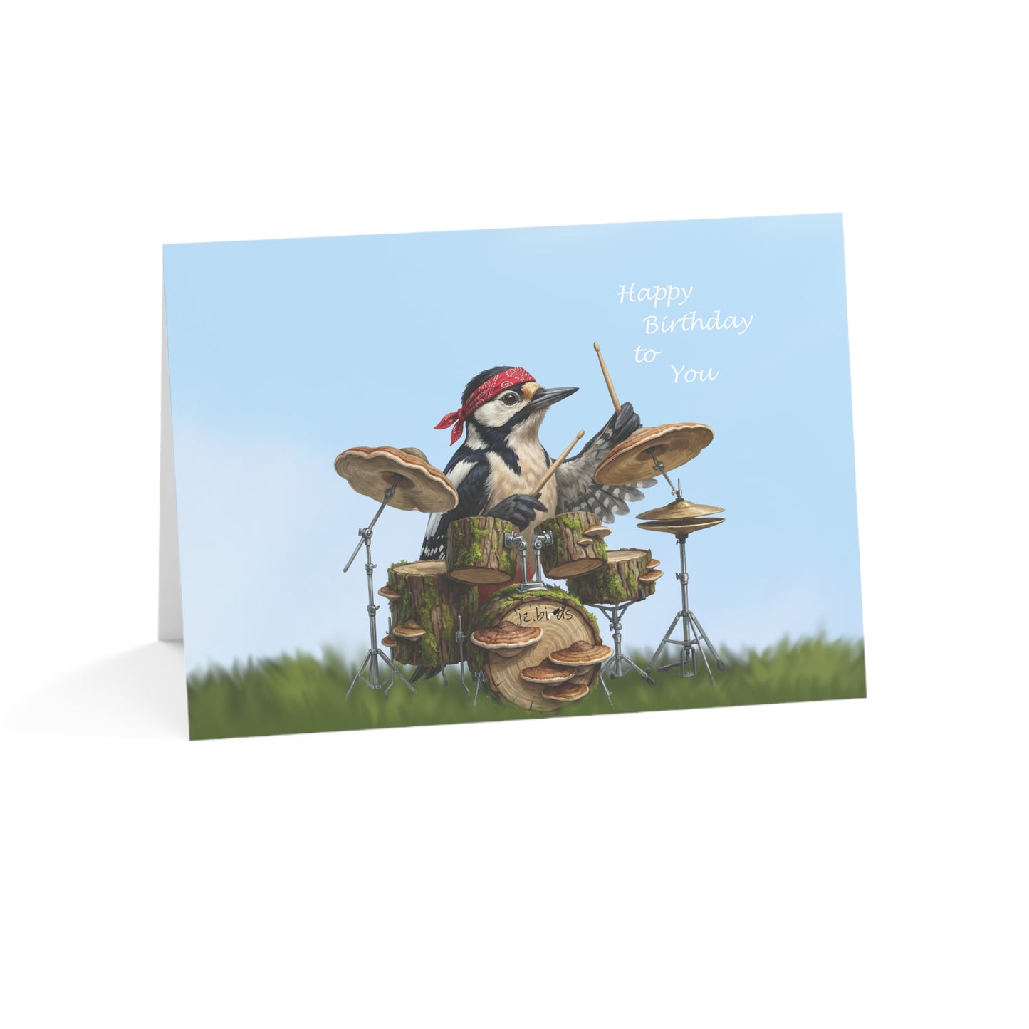 Greeting card with a woodpecker playing drums on a blue background