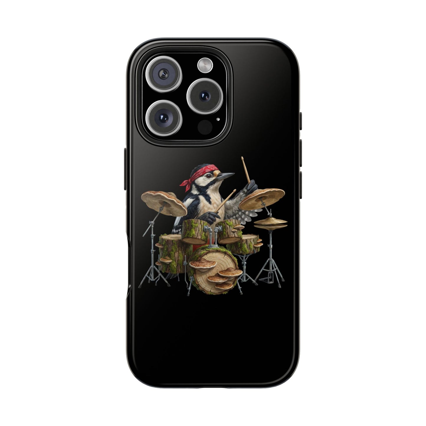 Phone case with a woodpecker playing drums design on a black background
