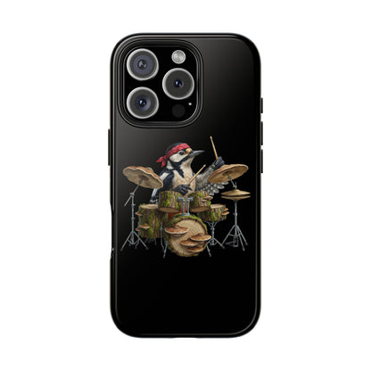 Phone case with a woodpecker playing drums design on a black background
