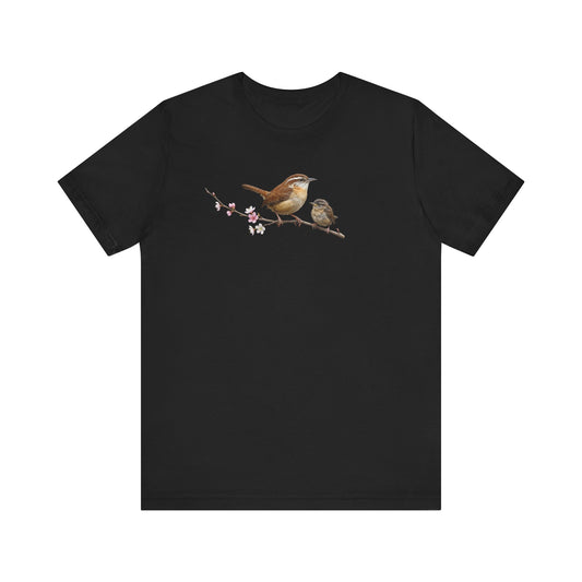 Zaunkönig & Jungvogel T-Shirt | Frühlingsblüten Vogelmotiv für Vogelbeobachter