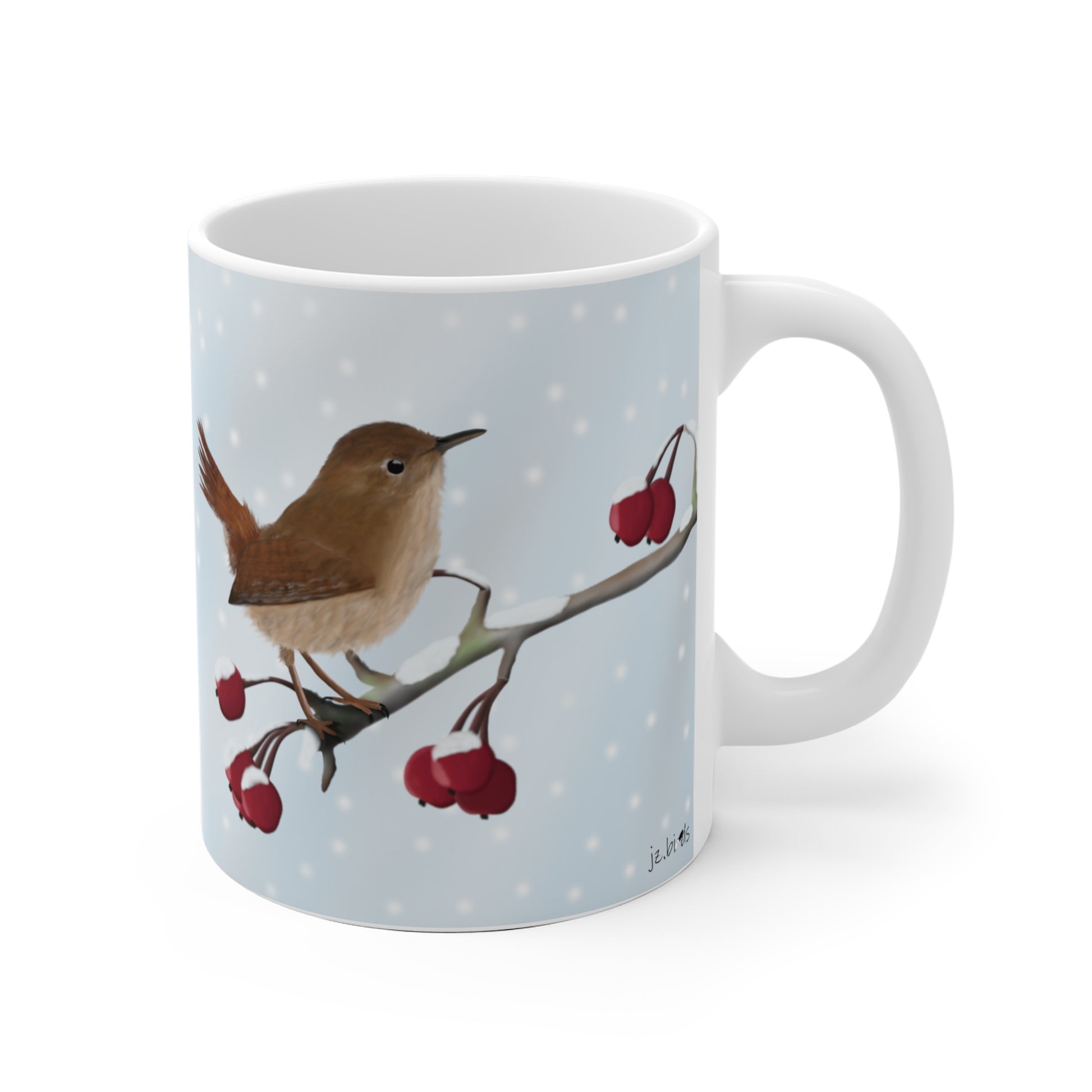 Zaunkönig auf einem Ast im Winter Weihnachten Schnee Vogel Tasse