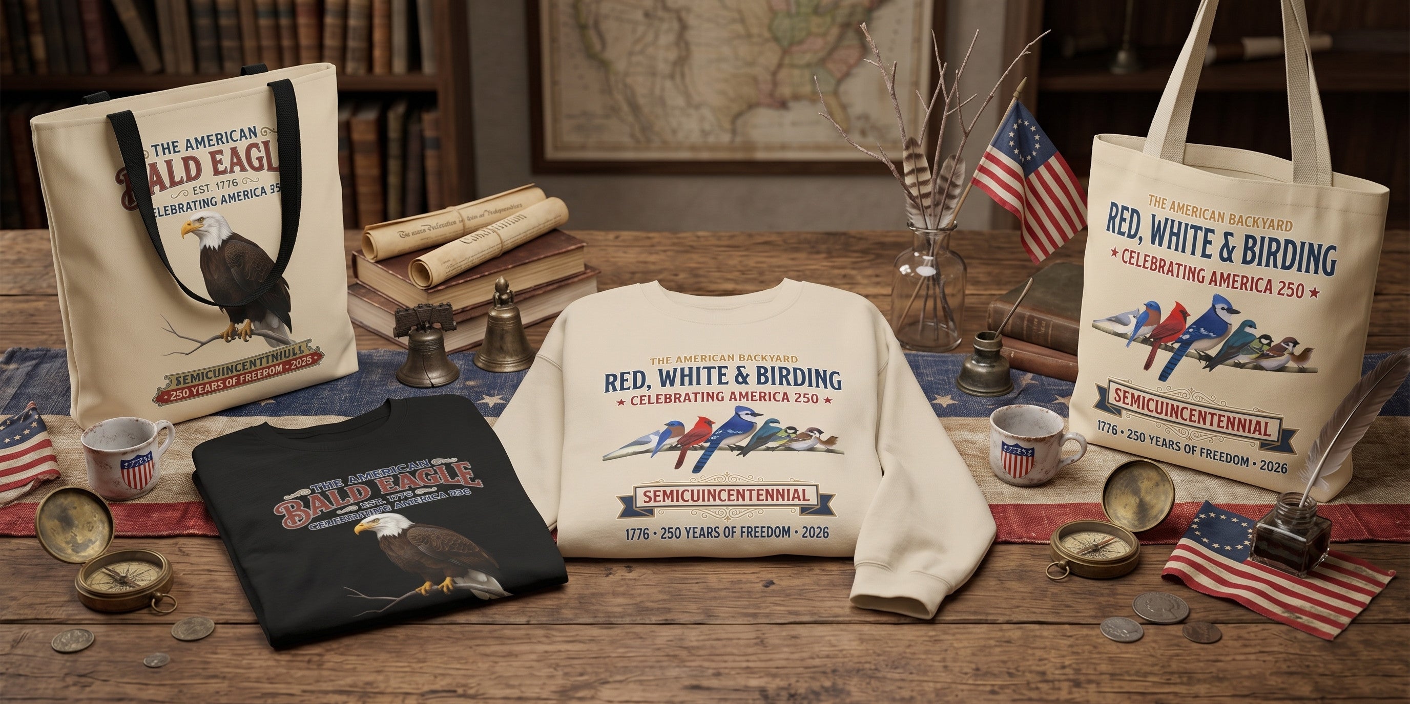 A rustic wooden table decorated with the America 250 vintage apparel collection, featuring a cream-colored backyard birds t-shirt, a navy bald eagle sweatshirt, and a sand canvas tote bag surrounded by vintage binoculars and historical field guides.
