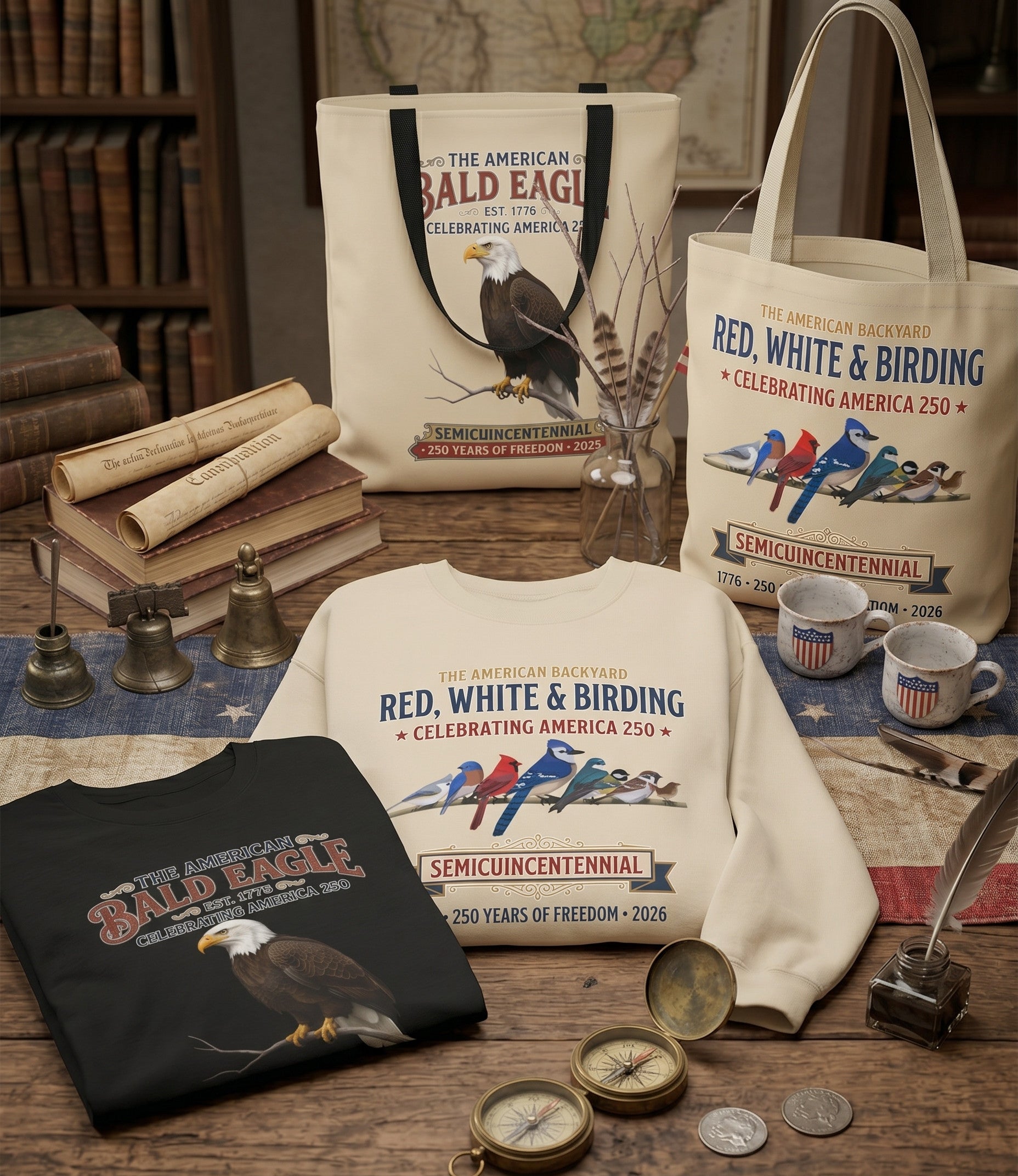 A rustic wooden table decorated with the America 250 vintage apparel collection, featuring a cream-colored backyard birds t-shirt, a navy bald eagle sweatshirt, and a sand canvas tote bag surrounded by vintage binoculars and historical field guides.