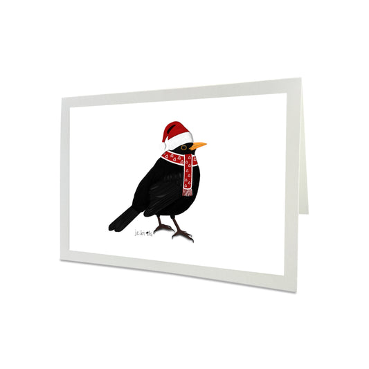 Blackbird Bird as Santa Claus Merry Christmas Greeting Card
