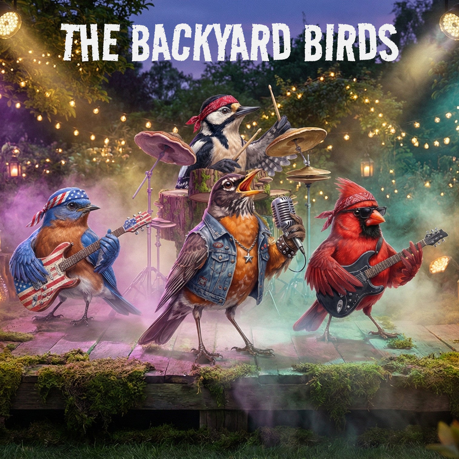 The Backyard Birds rock band performing live on a magical garden stage at night. Illustration of a Robin singer, Cardinal guitarist, Bluebird bassist, and Woodpecker drummer playing instruments amidst stage lights and fog.