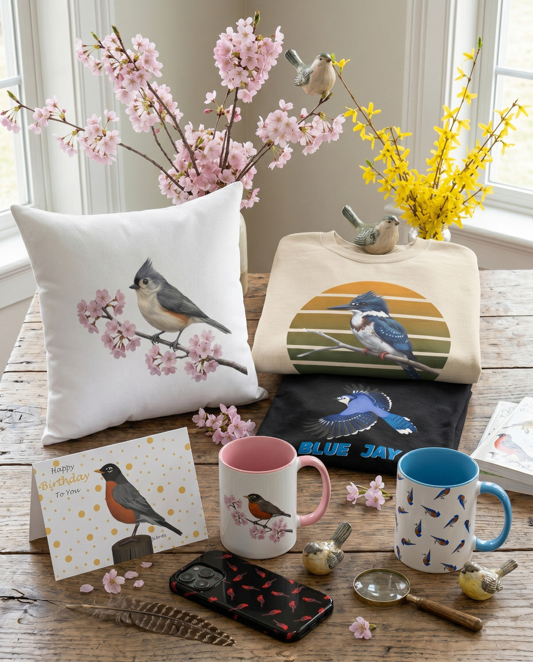A rustic wooden table displaying a lifestyle arrangement of bird-themed products, featuring beautifully illustrated Cardinal, Blue Jay, Bluebird, Robin, and Belted Kingfisher designs on apparel, mugs, and home decor.
