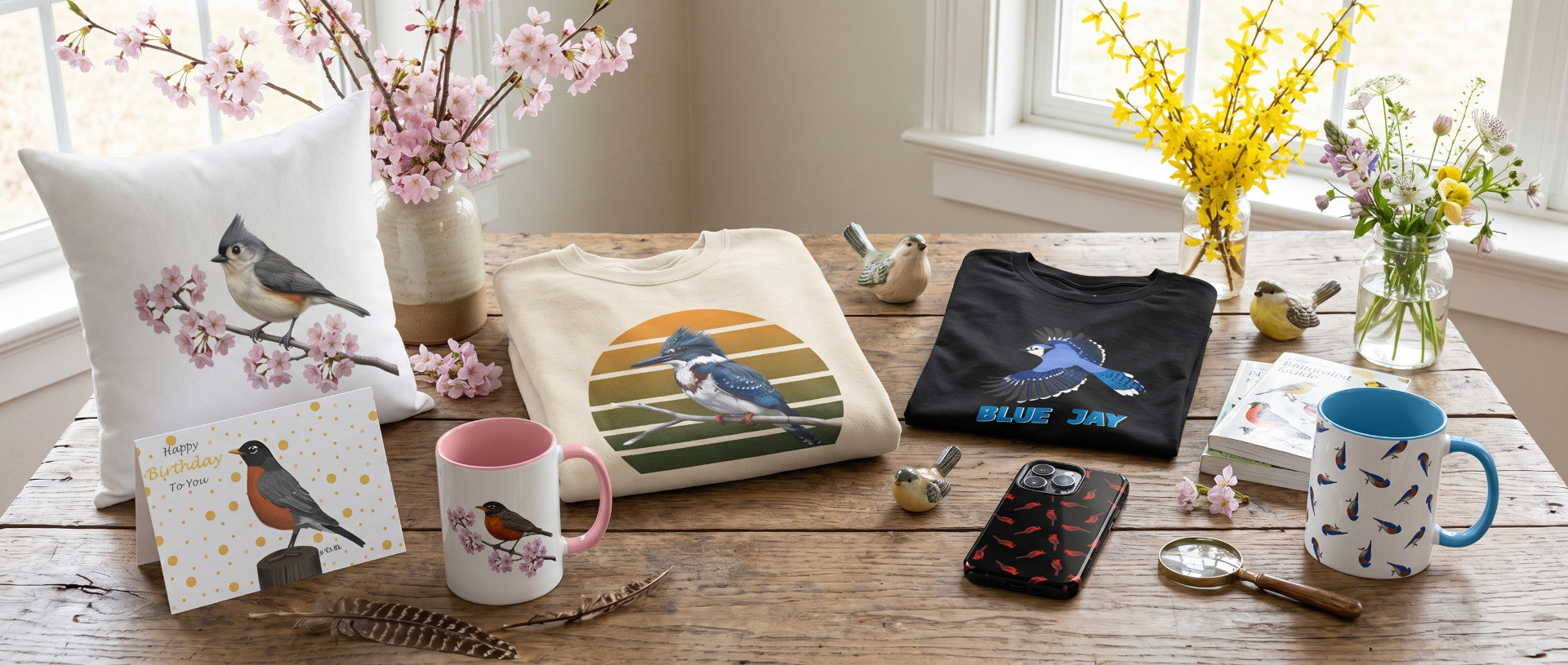 A rustic wooden table displaying a lifestyle arrangement of bird-themed products, featuring beautifully illustrated Cardinal, Blue Jay, Bluebird, Robin, and Belted Kingfisher designs on apparel, mugs, and home decor.