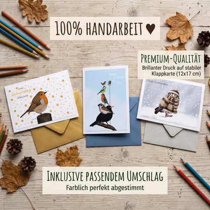 Rotkehlchen Weihnachtskarte – Winterliches Aquarell-Naturmotiv inkl. dunkelrotem Umschlag