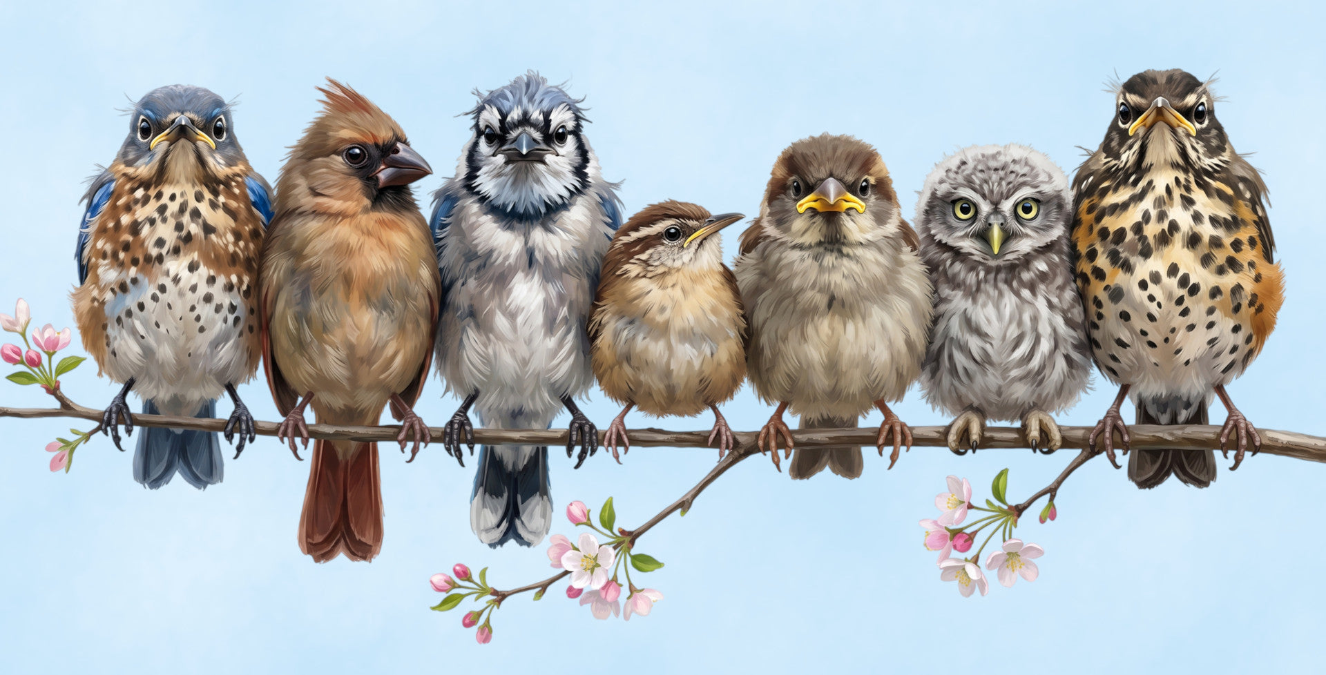 A charming digital painting of seven fluffy baby birds (fledglings) sitting in a row on a wooden branch. The detailed artwork features an Eastern Bluebird, Northern Cardinal, Little Owl, American Robin, Wren, Blue Jay, and a Sparrow. Unique bird lover apparel and gifts by jz.birds.