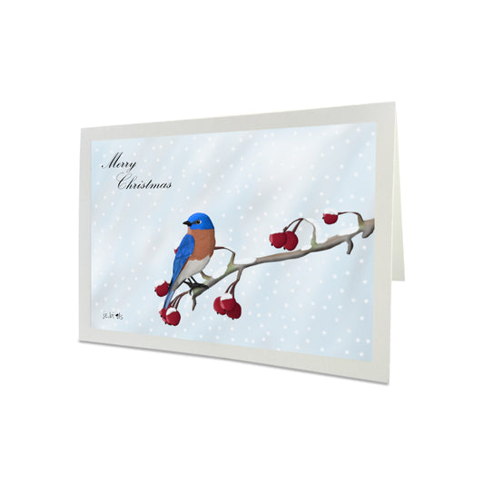 Bluebird Bird on a Winter Branch Merry Christmas Card