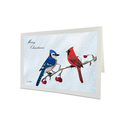 Blue Jay and Cardinal Birds on a Winter Branch Merry Christmas Card