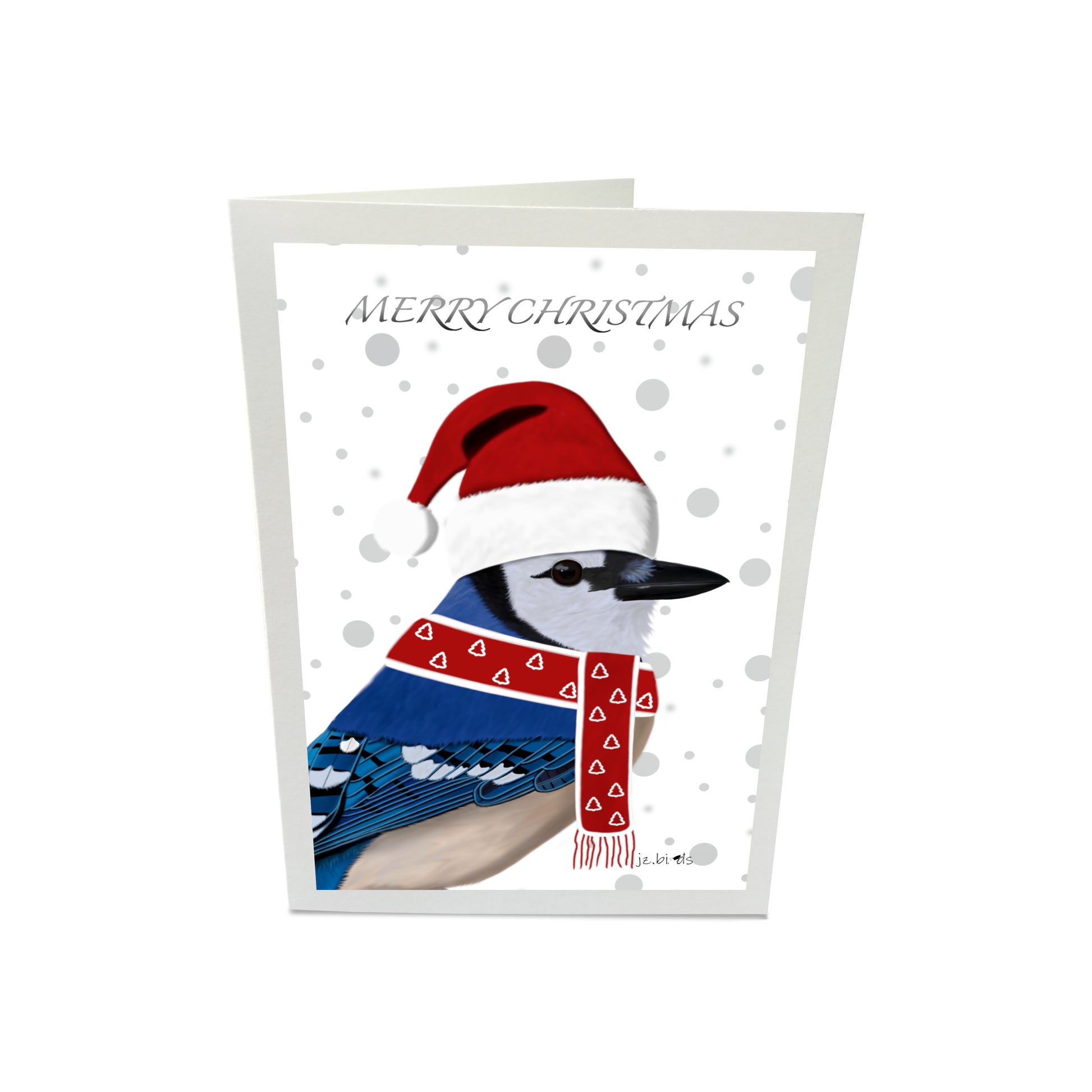 Blue Jay with Santa Hat and Scarf Merry Christmas Bird Greeting Card