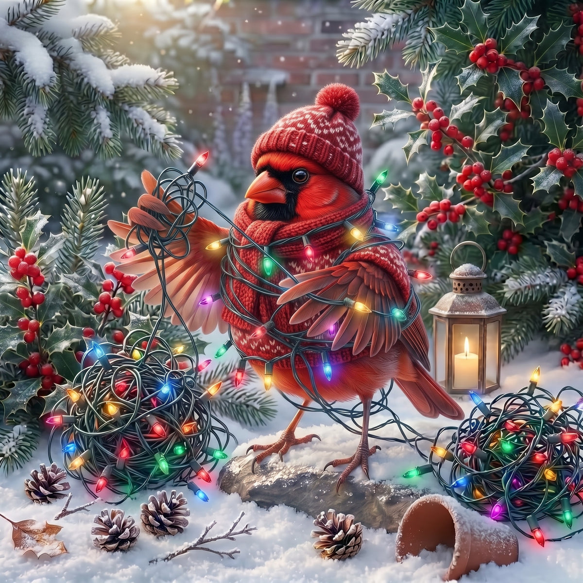 A festive northern cardinal wearing a knit red hat and wrapping multicolored Christmas string lights around its body, standing in snowy evergreen branches with holly, pinecones, lanterns, and additional light bundles.