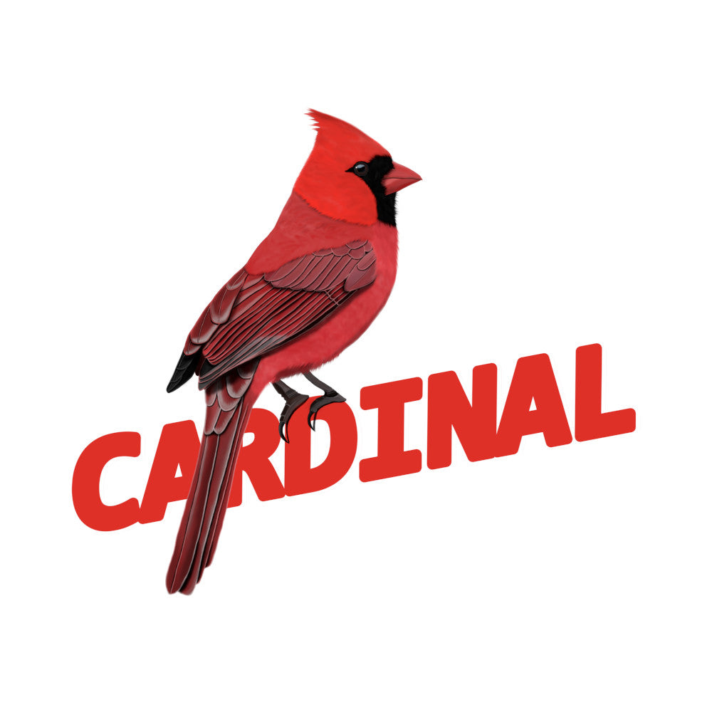 Red cardinal bird with 'CARDINAL' text on a white background