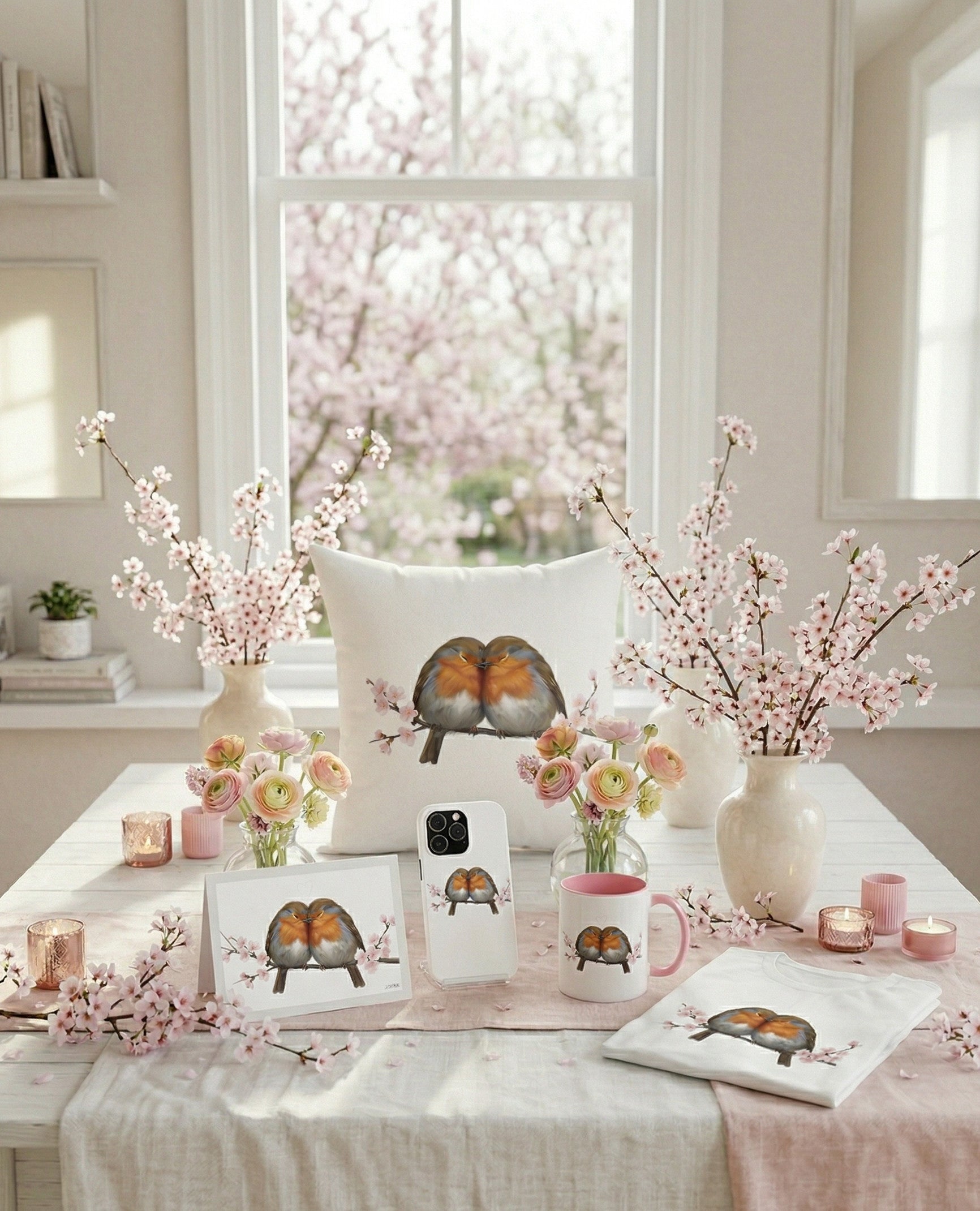 A white table decorated with delicate cherry blossom branches. Arranged on it are a mug, a throw pillow, and a t-shirt from the jz.birds Spring Collection, all featuring colorful bird and cherry blossom designs.