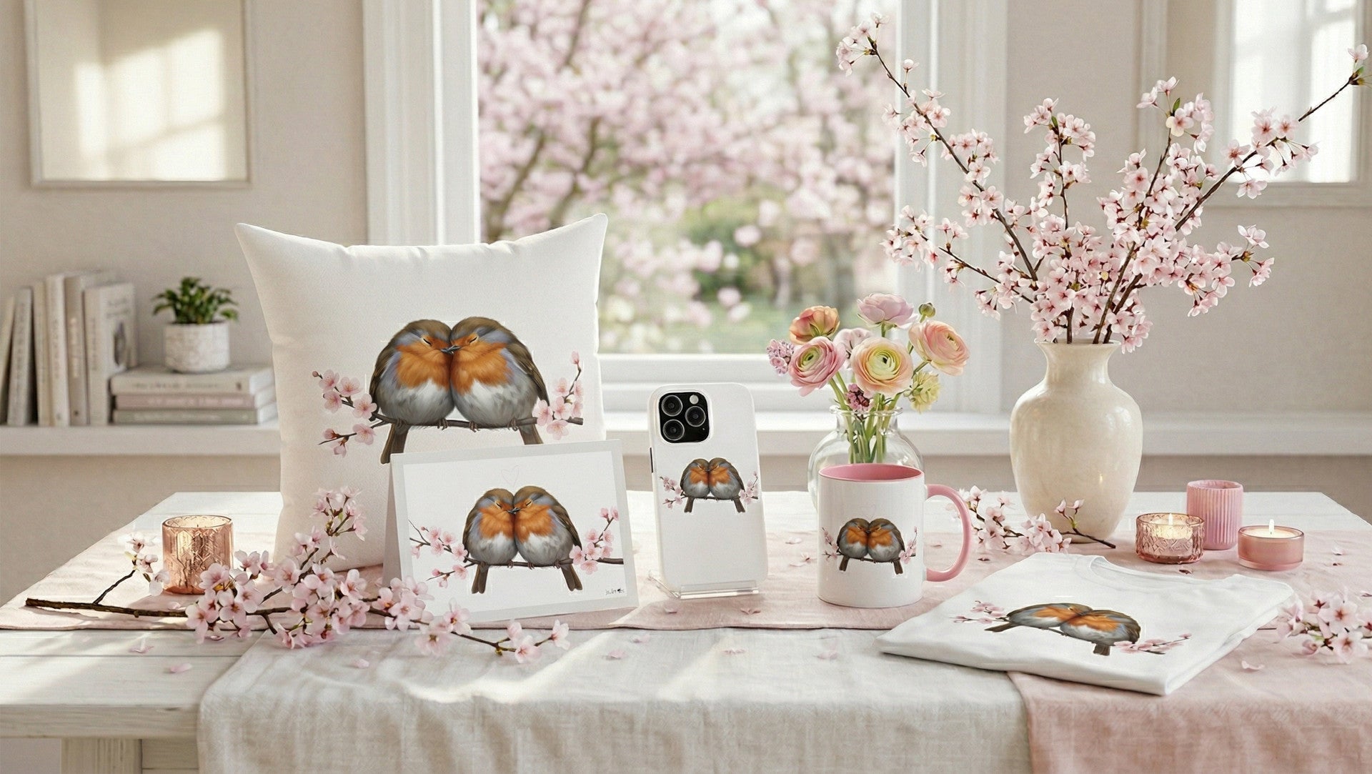 A white table decorated with delicate cherry blossom branches. Arranged on it are a mug, a throw pillow, and a t-shirt from the jz.birds Spring Collection, all featuring colorful bird and cherry blossom designs.