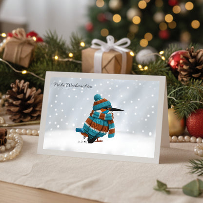 Eisvogel mit Strickpullover Weihnachtskarte Frohe Weihnachten Inklusive Umschlag