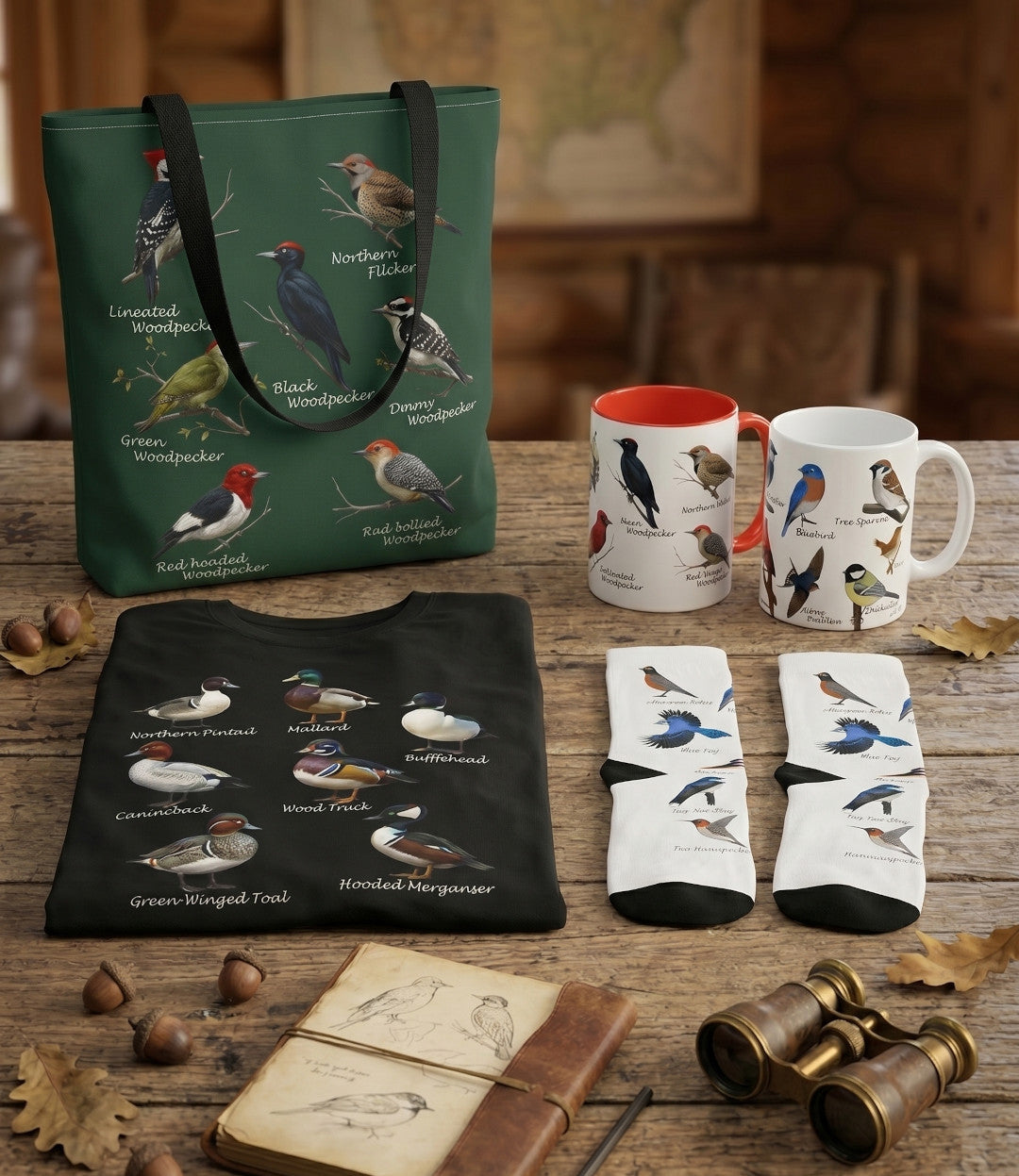 The Field Guide Collection displayed on a wooden table, featuring bird-themed products like a tote bag, coffee mugs, socks, and books. The items showcase vintage-style illustrations of ducks, backyard birds, and woodpeckers with their specific species names written underneath.