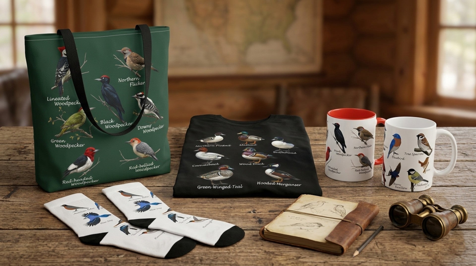 The Field Guide Collection displayed on a wooden table, featuring bird-themed products like a tote bag, coffee mugs, socks, and books. The items showcase vintage-style illustrations of ducks, backyard birds, and woodpeckers with their specific species names written underneath.